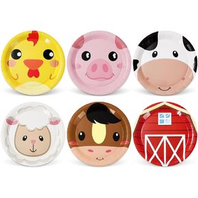 Whaline Farm Birthday Party Paper Plates Cock Pig Cow Sheep Disposable Plates 6 Designs Cartoon Animals Dinnerware Plates 9 Inch for Party Supplies Table Decor, 24Pcs