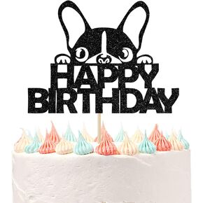 Happy Birthday Dog Cake Topper, Dog Birthday Theme Picks for Pet Party Decorations Supplies Black Glitter.
