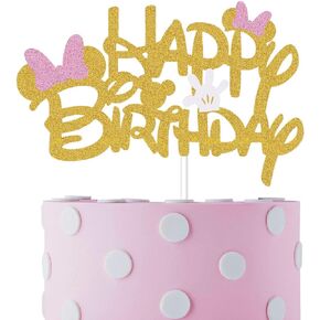 Black Glitter Minnie Inspired Happy Birthday Cake Topper with Pink Bows and White Gloves Girls Birthday Party Decorations Supplies