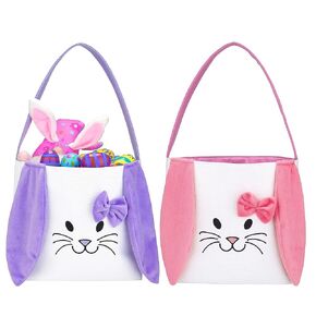 Easter Baskets for Kids - Boys and Girls Easter Egg Hunt Baskets, Cute Rabbit Bunny Printed Canvas Gift Basket for Baby, Easter Decorations Party Supplies (e-Pink+Purple)