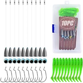 10PCS Texas Rig for Bass Fishing Pre Rigged Leader Line Kit with Soft Bait Hook Weight Swivel Fish Rig