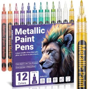 Metallic Paint Markers, 12 Colors Acrylic Paint Pens for Rock Painting, Stone, Ceramic, Black Paper, Glass, Wood, Scrapbook, Crafts; Quick-Drying & Waterproof, Extra Fine Tip