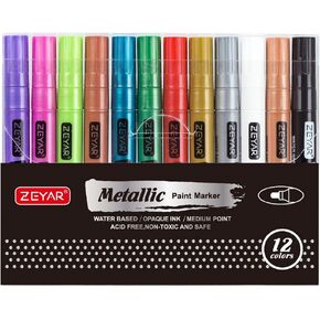 ZEYAR Acrylic Paint Pens, Water based, Fine Point, 12 Metallic colors, Acid Free, Opaque Ink, Great for greeting card, Album, Poster, Scrapbook and so on