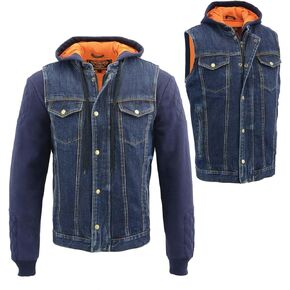 Milwaukee Leather MDM3020 Men's Blue Denim '5-in-1' Club Style Vest with Removable Hoodie