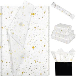 100 Sheets 20 * 14 Inches Galaxy Tissue Paper for Gift Wrapping, White Gold Moon Star Printed Tissue Paper for Gift Bags for Birthday Baby Shower Wedding DIY Craft