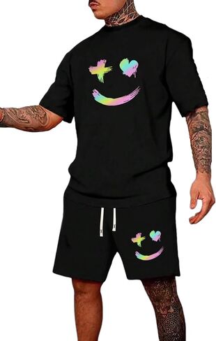 Floerns Men's 2 Piece Outfit Short Sleeve Tee Shirts Drawstring Waist Shorts Set in Saudi Arabia