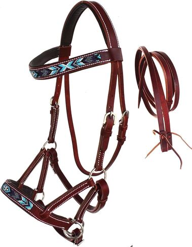 CHALLENGER Horse Western Leather Beaded Bitless Sidepull Bridle Reins 77RS18MG-F in Saudi Arabia