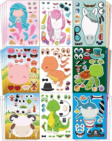 Aowplc 36 Pcs Make-A-Face Sticker Sheets Kids Party Favors Mix and Match Stickers with Dinosaurs, Mermaids, Unicorns, Horses, Farm & Sea Animals for Parties, Birthdays, Classroom Activities & Crafts in Saudi Arabia