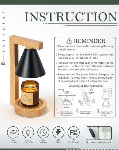 HANASS Candle Warmer Lamp - Black Candle Warmer Lamp with Solid Wood - Dimmable Wax Melter Lamps for Scented Wax - Candle Melter Compatible with Large Jar Candles, 2 Bulb Included, MT2314 in Saudi Arabia