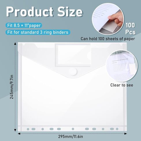 100 Pcs Binder Pocket for 3 Ring Plastic Binder Folders 11 Holes Clear Poly Binder Envelope with Hook and Loop Closure for 2/3/4 Ring Document Pouch with Label Letter Size Office in Saudi Arabia