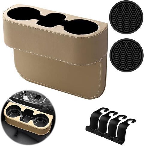 Automotive Cup Holders, Car Seat Organizer Front Gap Filler, Holder Auto Front Seat Side Pocket Leather Cover Car Cup with 4pcs Car Hooks 2 Cup Coasters in Saudi Arabia