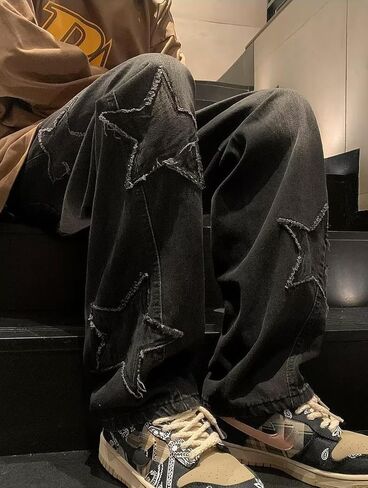 Mens Y2k Star Jeans High Waisted Hip Hop Streetwear Jeans Loose Baggy Embroidery Aesthetic Harajuku Denim Pants in Saudi Arabia