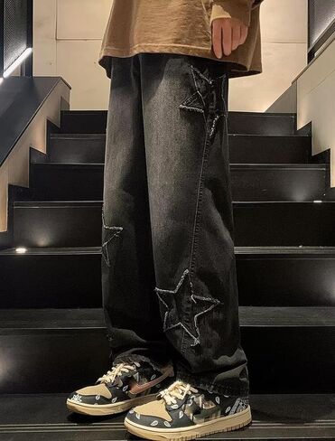 Mens Y2k Star Jeans High Waisted Hip Hop Streetwear Jeans Loose Baggy Embroidery Aesthetic Harajuku Denim Pants in Saudi Arabia