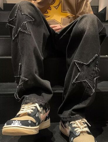 Mens Y2k Star Jeans High Waisted Hip Hop Streetwear Jeans Loose Baggy Embroidery Aesthetic Harajuku Denim Pants in Saudi Arabia