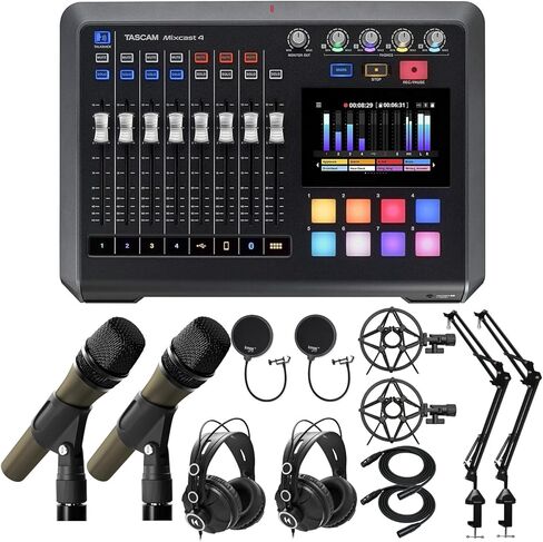 مجموعة محطات البث Tascam Mixcast 4 مع سماعات الرأس، والميكروفونات الديناميكية، وحوامل ميكروفون ذراع سطح المكتب، وحوامل الصدمات، ومرشحات البوب، وكابلات XLR (7 عناصر) in Kuwait