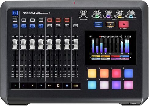 مجموعة محطات البث Tascam Mixcast 4 مع سماعات الرأس، والميكروفونات الديناميكية، وحوامل ميكروفون ذراع سطح المكتب، وحوامل الصدمات، ومرشحات البوب، وكابلات XLR (7 عناصر) in Kuwait