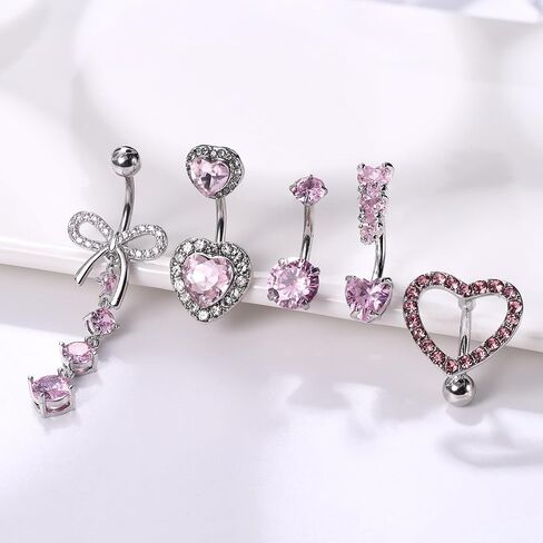 FIASASO 5pcs 14G الوردي البطن زر الدائري مجموعة للنساء لطيف الوردي القلب القوس تتدلى حلقات البطن الجراحية الفولاذ المقاوم للصدأ زر البطن ثقب Dangly السرة خاتم البطن زر مجوهرات السرة ثقب البطن الفضة in Kuwait