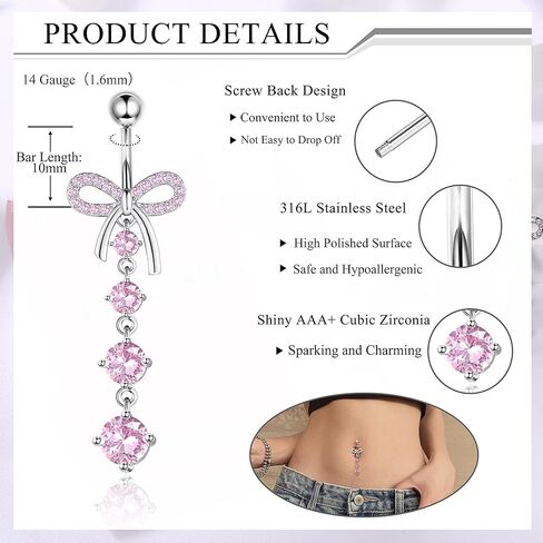 FIASASO 5pcs 14G الوردي البطن زر الدائري مجموعة للنساء لطيف الوردي القلب القوس تتدلى حلقات البطن الجراحية الفولاذ المقاوم للصدأ زر البطن ثقب Dangly السرة خاتم البطن زر مجوهرات السرة ثقب البطن الفضة in Kuwait