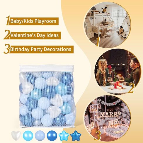 TRENDPLAY 200 كرة على شكل قلب على شكل نجمة - مثالية لأنشطة الأيام الممطرة، وألعاب السفر، والعطلة المدرسية، واللعب الخيالي الذي لا نهاية له للأطفال الصغار والأطفال، على شكل أزرق + أبيض لؤلؤي + أبيض لؤلؤي in Kuwait