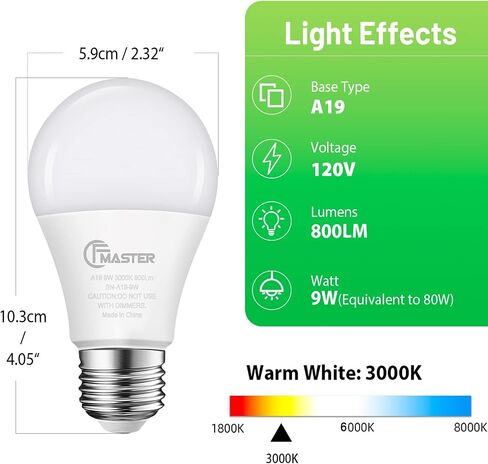 مصابيح إضاءة LED A19، مصابيح LED 9 وات (ما يعادل 80 وات)، قاعدة E26 القياسية، ضوء النهار 5000 ك، 800 لومن، غير قابلة للتعتيم، مصابيح إضاءة بيضاء ساطعة 9 وات للمكتب المنزلي، معتمدة من UL ETL (4 عبوات) in Kuwait