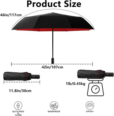 46 Inch Umbrellas for Rain, Automatic Open & Close, Windproof Double Canopy Vented Reinforced Fiberglass Frame, UPF 50+ Protection Sun Portable Folding Compact Umbrella for Travel, All-Weather in Saudi Arabia