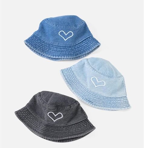 Heart Embroidered Bucket Hats Cowboy Washed Denim Unisex Sun Hat Folding Fisherman Hip Hop Men Women Summer Outdoor Bucket Cap in Saudi Arabia