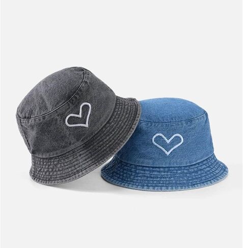 Heart Embroidered Bucket Hats Cowboy Washed Denim Unisex Sun Hat Folding Fisherman Hip Hop Men Women Summer Outdoor Bucket Cap in Saudi Arabia