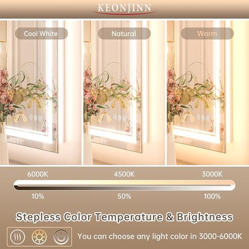 Keonjinn LED Mirror for Bathroom 20" x 28" with Frontlit and Backlit, Stepless 3 Colors Temperature & Dimmable LED Wall Mirror, Double Light Strips, UL Listed LED Driver, Anti fog Frameless LED Mirror in Saudi Arabia