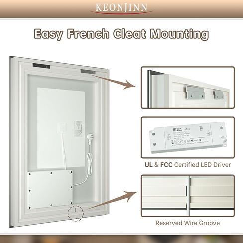 Keonjinn LED Mirror for Bathroom 20" x 28" with Frontlit and Backlit, Stepless 3 Colors Temperature & Dimmable LED Wall Mirror, Double Light Strips, UL Listed LED Driver, Anti fog Frameless LED Mirror in Saudi Arabia