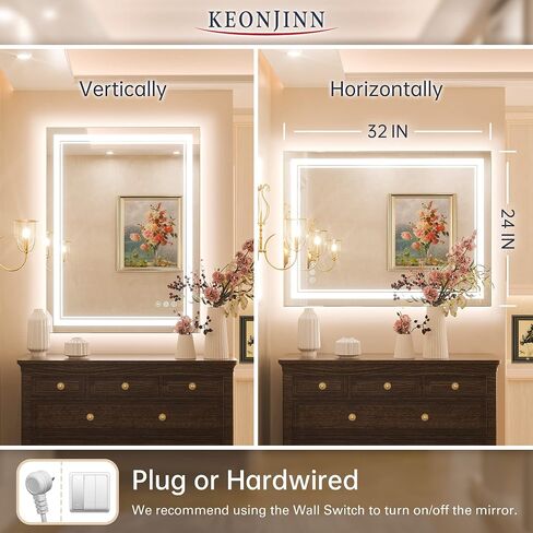 Keonjinn LED Mirror for Bathroom 20" x 28" with Frontlit and Backlit, Stepless 3 Colors Temperature & Dimmable LED Wall Mirror, Double Light Strips, UL Listed LED Driver, Anti fog Frameless LED Mirror in Saudi Arabia