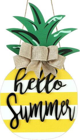 Jetec Pineapple Sign Wood Door Hanging, Rustic Hello Summer Plaque Porch Decor, Wooden Summer Sign Pineapple Shaped Wall Decor with Burlap Bow for Summer Home Farmhouse Porch Garden Yard in Saudi Arabia