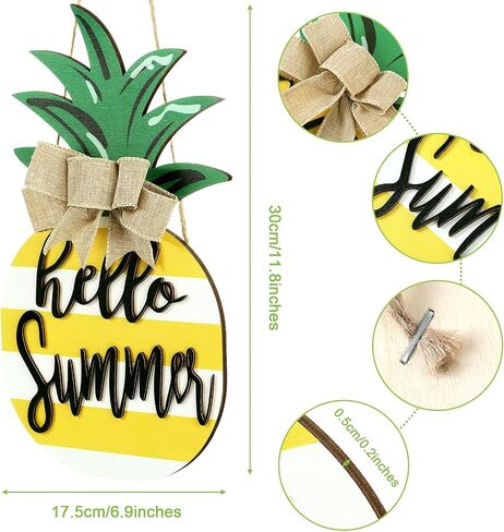 Jetec Pineapple Sign Wood Door Hanging, Rustic Hello Summer Plaque Porch Decor, Wooden Summer Sign Pineapple Shaped Wall Decor with Burlap Bow for Summer Home Farmhouse Porch Garden Yard in Saudi Arabia
