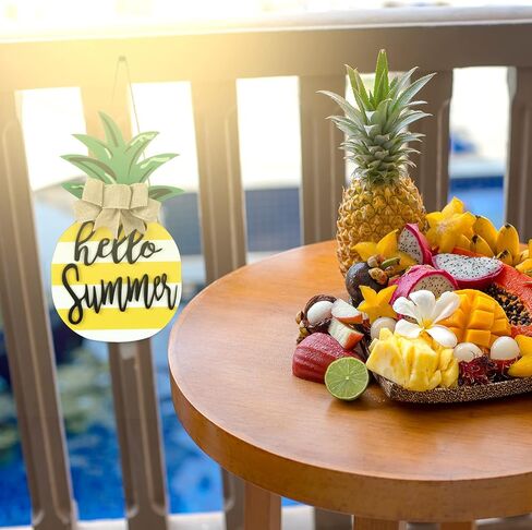 Jetec Pineapple Sign Wood Door Hanging, Rustic Hello Summer Plaque Porch Decor, Wooden Summer Sign Pineapple Shaped Wall Decor with Burlap Bow for Summer Home Farmhouse Porch Garden Yard in Saudi Arabia