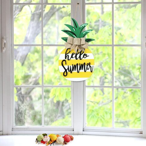 Jetec Pineapple Sign Wood Door Hanging, Rustic Hello Summer Plaque Porch Decor, Wooden Summer Sign Pineapple Shaped Wall Decor with Burlap Bow for Summer Home Farmhouse Porch Garden Yard in Saudi Arabia
