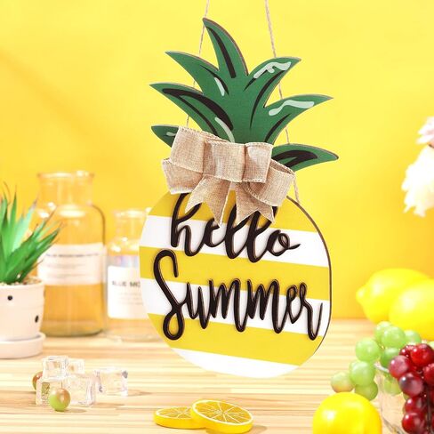 Jetec Pineapple Sign Wood Door Hanging, Rustic Hello Summer Plaque Porch Decor, Wooden Summer Sign Pineapple Shaped Wall Decor with Burlap Bow for Summer Home Farmhouse Porch Garden Yard in Saudi Arabia