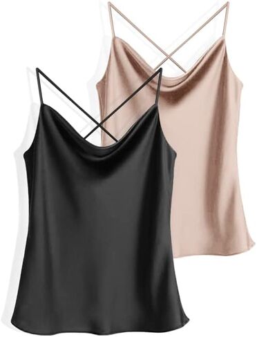 Ekouaer 2 Packs Cowl Neck Satin Silk Tank Top for Women Sleeveless Tank Cami Shirt in Saudi Arabia
