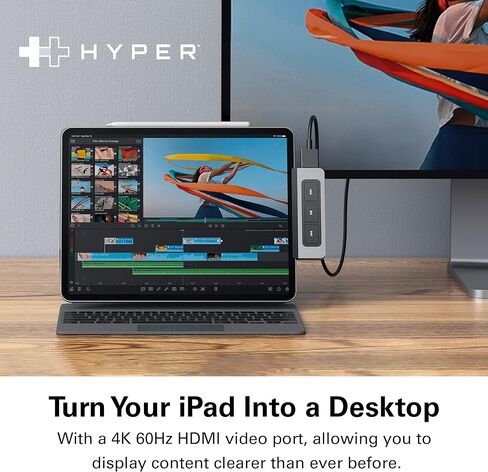 موزع HyperDrive 6 في 1 USB C لأجهزة iPad مع عناصر تحكم في الوسائط، HDMI، توصيل طاقة USB-C بقوة 60 وات، منافذ USB-A، قارئ بطاقات MicroSD/SD، مقبس صوت 3.5 ملم in Kuwait