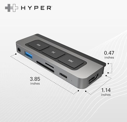 موزع HyperDrive 6 في 1 USB C لأجهزة iPad مع عناصر تحكم في الوسائط، HDMI، توصيل طاقة USB-C بقوة 60 وات، منافذ USB-A، قارئ بطاقات MicroSD/SD، مقبس صوت 3.5 ملم in Kuwait