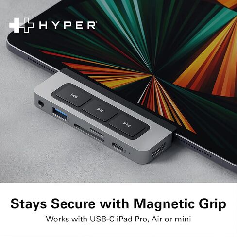 موزع HyperDrive 6 في 1 USB C لأجهزة iPad مع عناصر تحكم في الوسائط، HDMI، توصيل طاقة USB-C بقوة 60 وات، منافذ USB-A، قارئ بطاقات MicroSD/SD، مقبس صوت 3.5 ملم in Kuwait