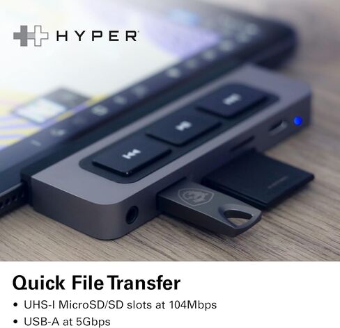 موزع HyperDrive 6 في 1 USB C لأجهزة iPad مع عناصر تحكم في الوسائط، HDMI، توصيل طاقة USB-C بقوة 60 وات، منافذ USB-A، قارئ بطاقات MicroSD/SD، مقبس صوت 3.5 ملم in Kuwait
