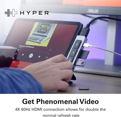 موزع HyperDrive 6 في 1 USB C لأجهزة iPad مع عناصر تحكم في الوسائط، HDMI، توصيل طاقة USB-C بقوة 60 وات، منافذ USB-A، قارئ بطاقات MicroSD/SD، مقبس صوت 3.5 ملم in Kuwait