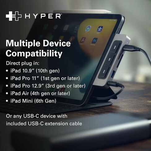 موزع HyperDrive 6 في 1 USB C لأجهزة iPad مع عناصر تحكم في الوسائط، HDMI، توصيل طاقة USB-C بقوة 60 وات، منافذ USB-A، قارئ بطاقات MicroSD/SD، مقبس صوت 3.5 ملم in Kuwait