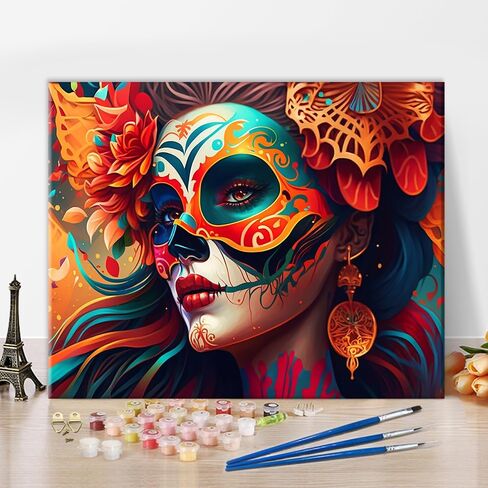 TUMOVO Colorful Skeleton Woman Paint by Numbers for Adults DIY Arts Craft Beginner Mexican Day of The Dead Paint by Number Kit Oil Painting Adult Paint by Number Kits On Canvas Acrylic 16"x20" in Saudi Arabia