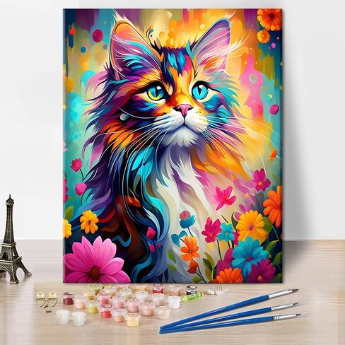 TUMOVO Cat Paint by Numbers for Adults Beginner Colorful Flower Abstract Cat Cute Painting Paint by Number Kits on Canvas Paint Animal Drawing with Oil Painting Home Decor 16"x20" Inch in Saudi Arabia