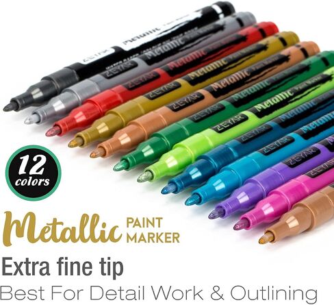 ZEYAR Acrylic Paint Pens, Water based, Fine Point, 12 Metallic colors, Acid Free, Opaque Ink, Great for greeting card, Album, Poster, Scrapbook and so on in Saudi Arabia