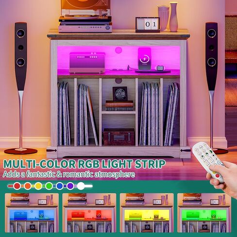 حامل مشغل تسجيل كبير من YITAHOME مع منافذ طاقة ومصابيح LED، طاولة مشغل تسجيل قابلة للدوران مع تخزين الألبوم يحمل ما يصل إلى 130 ألبومًا، رف تسجيل فينيل عتيق لغرفة المعيشة وغرفة النوم والجوز in Kuwait