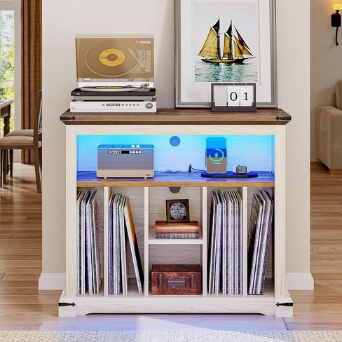 حامل مشغل تسجيل كبير من YITAHOME مع منافذ طاقة ومصابيح LED، طاولة مشغل تسجيل قابلة للدوران مع تخزين الألبوم يحمل ما يصل إلى 130 ألبومًا، رف تسجيل فينيل عتيق لغرفة المعيشة وغرفة النوم والجوز in Kuwait
