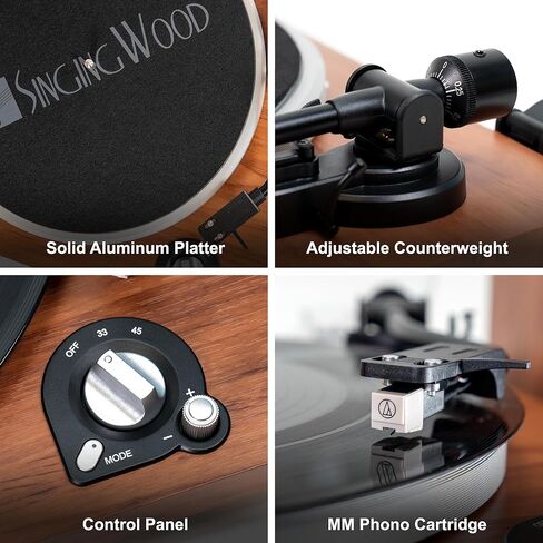 محرك حزام بلوتوث SingingWood VP42AS مزود بسرعتين مدمجتين في قرص دوار Preamp Hi-Fi مع مكبرات صوت على رف الكتب بقدرة 44 وات، ومشغل تسجيلات الفينيل مع تشغيل بلوتوث بخرطوشة مغناطيسية (جوز) in Kuwait