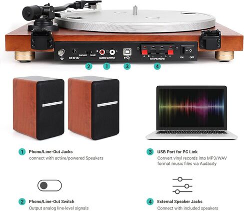 محرك حزام بلوتوث SingingWood VP42AS مزود بسرعتين مدمجتين في قرص دوار Preamp Hi-Fi مع مكبرات صوت على رف الكتب بقدرة 44 وات، ومشغل تسجيلات الفينيل مع تشغيل بلوتوث بخرطوشة مغناطيسية (جوز) in Kuwait