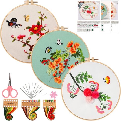 ojindiy Embroidery Kits for Beginners Adults 3 Packs, Learn Basic Flowers and Delicate Stitches, Embroidery Kit for Craft Lover and Starter, Cross Stitch in Saudi Arabia